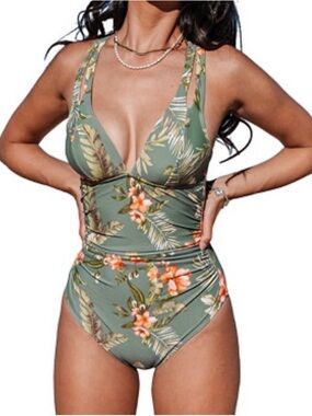 NWT Cupshe One Piece Tropical Print V Nexkline Swimsuit / XL